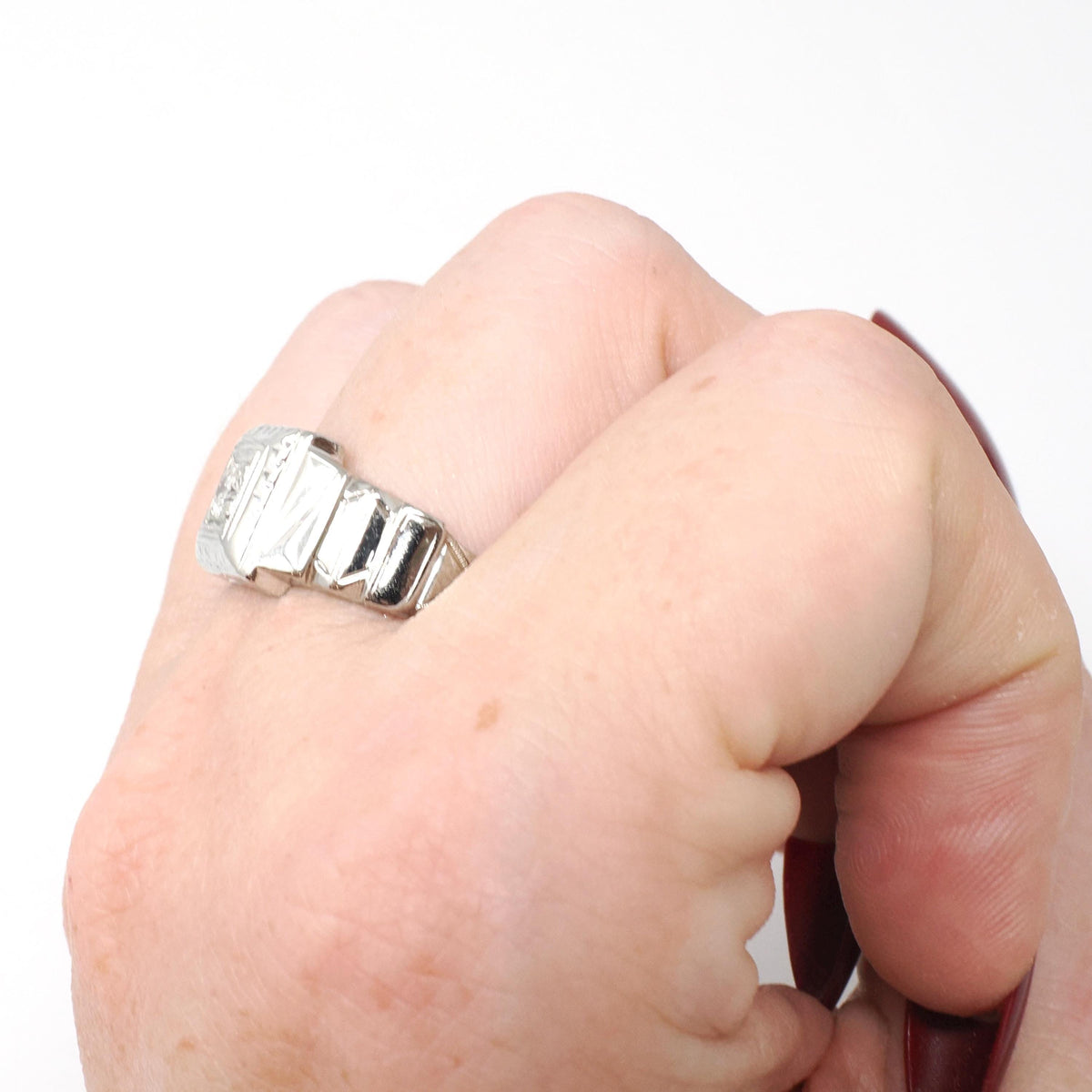 Art Deco Diamond Ring - Vintage 18k White Gold Natural .20 CT Old European Unisex Engagement - Circa 1930s Era Size 8.5 Square Fine Jewelry