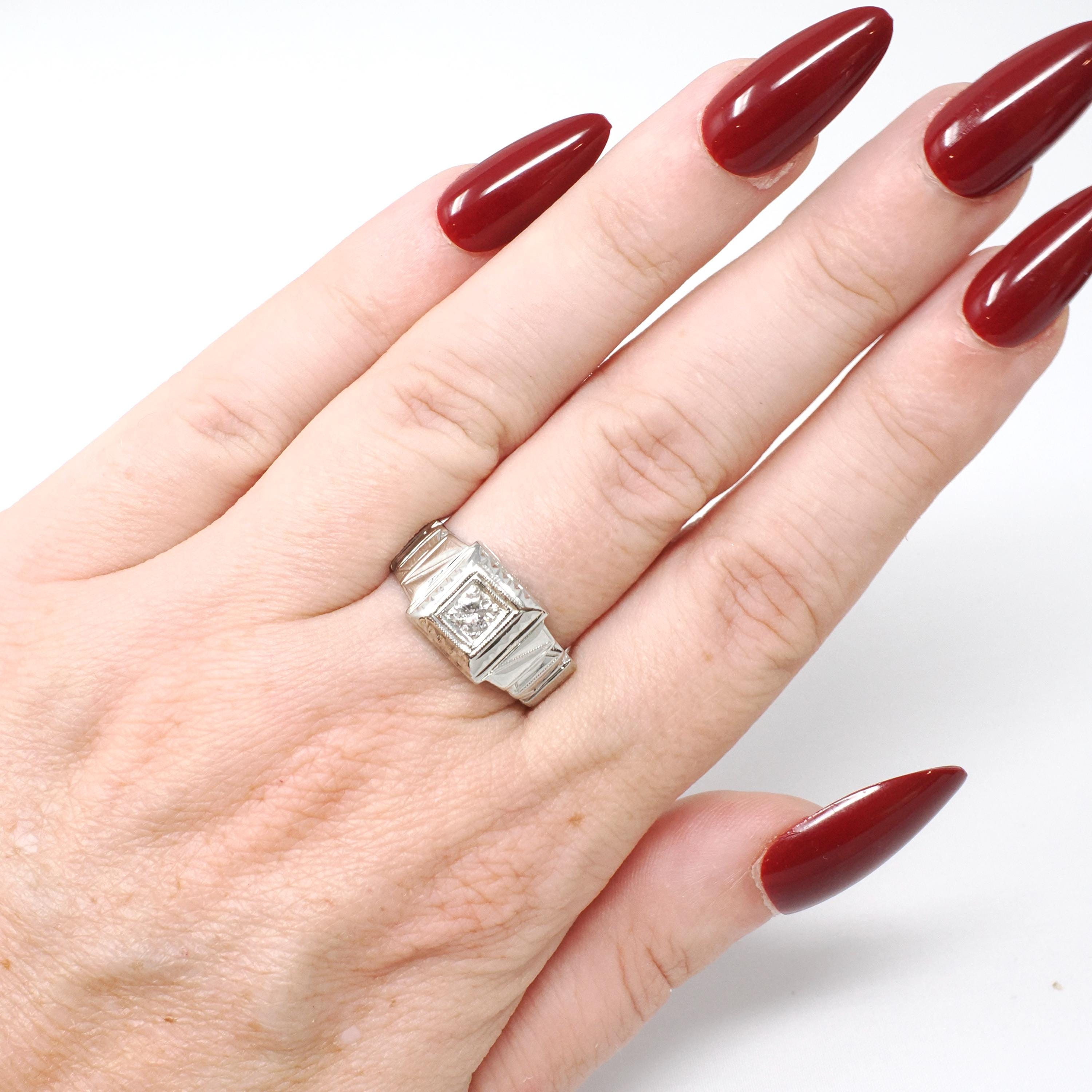 Art Deco Diamond Ring - Vintage 18k White Gold Natural .20 CT Old European Unisex Engagement - Circa 1930s Era Size 8.5 Square Fine Jewelry