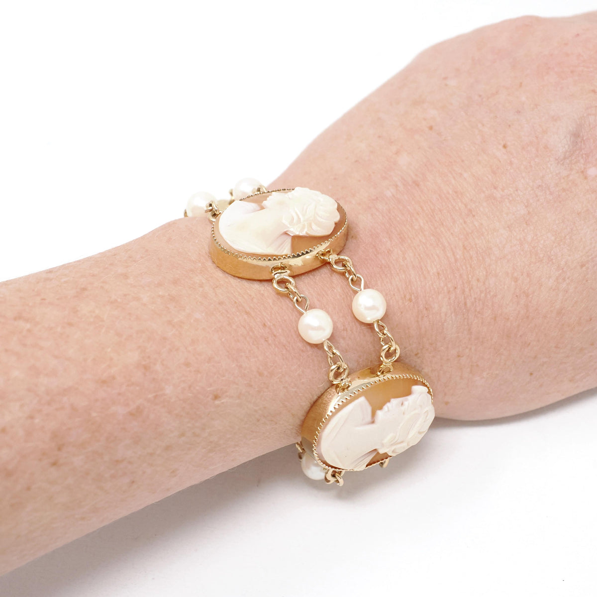 Vintage Cameo Bracelet - Mid Century 12k Gold Filled Oval Carved Shell Simulated Pearl Accents - Circa 1950s Era Fashion Accessory Jewelry