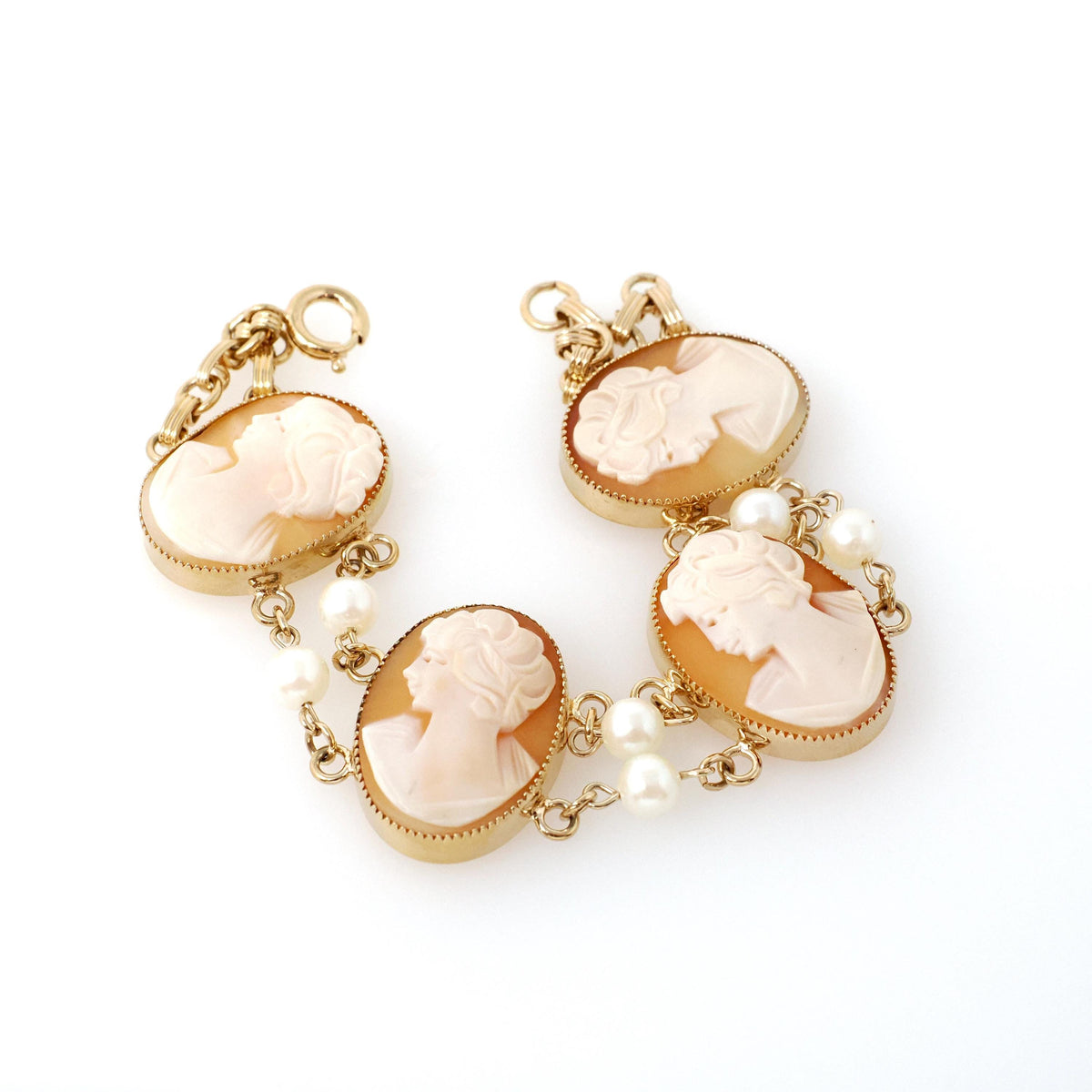 Vintage Cameo Bracelet - Mid Century 12k Gold Filled Oval Carved Shell Simulated Pearl Accents - Circa 1950s Era Fashion Accessory Jewelry