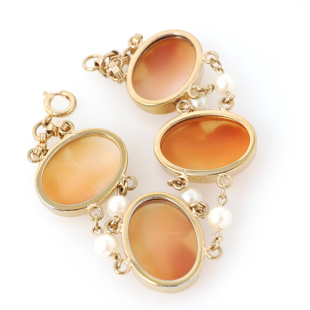 Vintage Cameo Bracelet - Mid Century 12k Gold Filled Oval Carved Shell Simulated Pearl Accents - Circa 1950s Era Fashion Accessory Jewelry