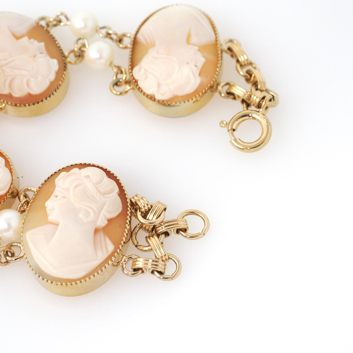 Vintage Cameo Bracelet - Mid Century 12k Gold Filled Oval Carved Shell Simulated Pearl Accents - Circa 1950s Era Fashion Accessory Jewelry