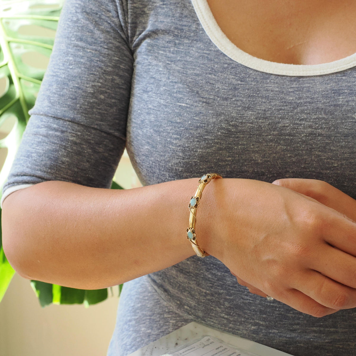Antique Opal Bracelet - Edwardian 14k Yellow Gold Natural Gem Bangle - Circa 1910s Era Rope Chain Detail Fine October Birthstone Jewelry