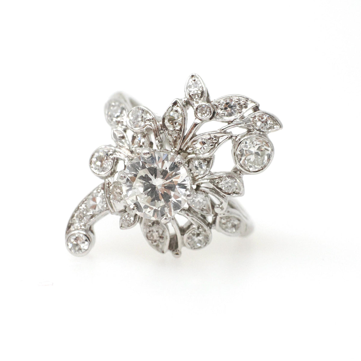 Vintage Engagement Ring - Mid Century Platinum 1.72 CTW Natural Diamonds - Circa 1950s Era Size 6 3/4 Fine Floral Bouquet Filigree Jewelry