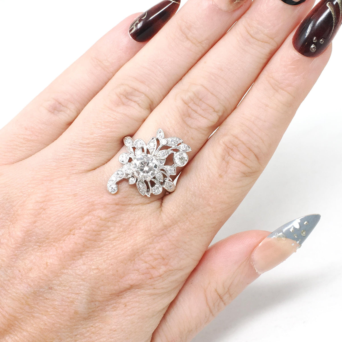 Vintage Engagement Ring - Mid Century Platinum 1.72 CTW Natural Diamonds - Circa 1950s Era Size 6 3/4 Fine Floral Bouquet Filigree Jewelry