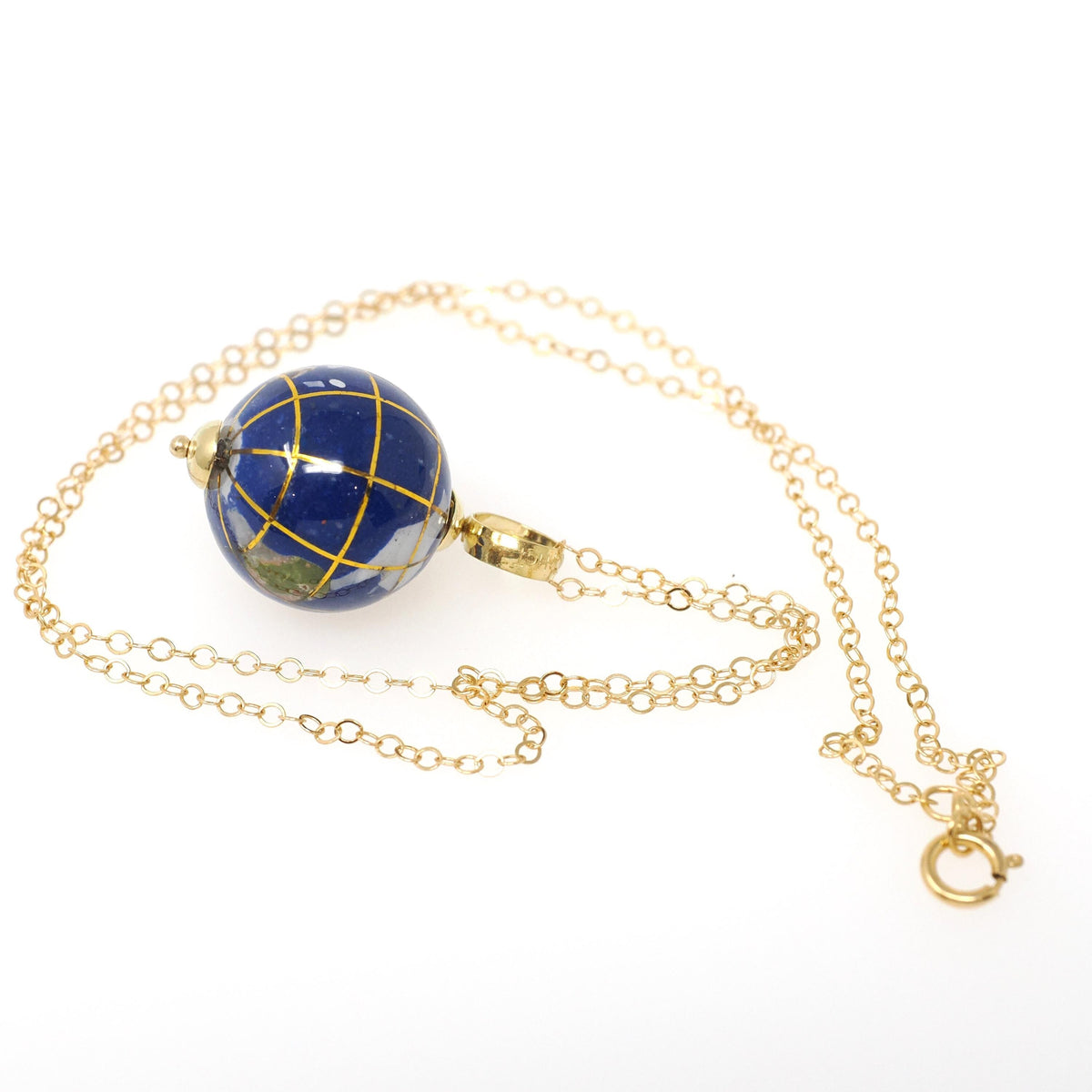 Fine Globe Charm - Contemporary 18k Yellow Gold Natural Lapis Gemstone Inlay Spinner Pendant - Circa 1990s Souvenir Earth Travel Jewelry