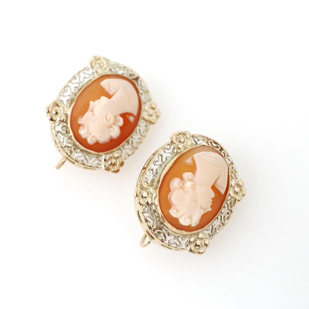 Vintage Cameo Earrings - Mid Century 14k Yellow Gold & Silver Bezel Set Pierced Wire Hooks - Circa 1960s Carved Shell Fine Filigree Jewelry
