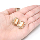 Vintage Cameo Earrings - Mid Century 14k Yellow Gold & Silver Bezel Set Pierced Wire Hooks - Circa 1960s Carved Shell Fine Filigree Jewelry