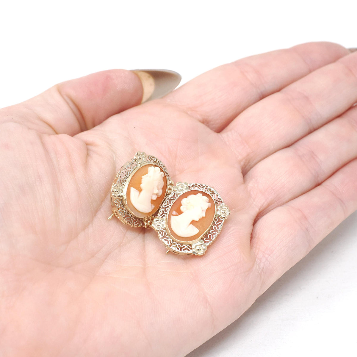 Vintage Cameo Earrings - Mid Century 14k Yellow Gold & Silver Bezel Set Pierced Wire Hooks - Circa 1960s Carved Shell Fine Filigree Jewelry