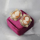 Vintage Cameo Earrings - Mid Century 14k Yellow Gold & Silver Bezel Set Pierced Wire Hooks - Circa 1960s Carved Shell Fine Filigree Jewelry