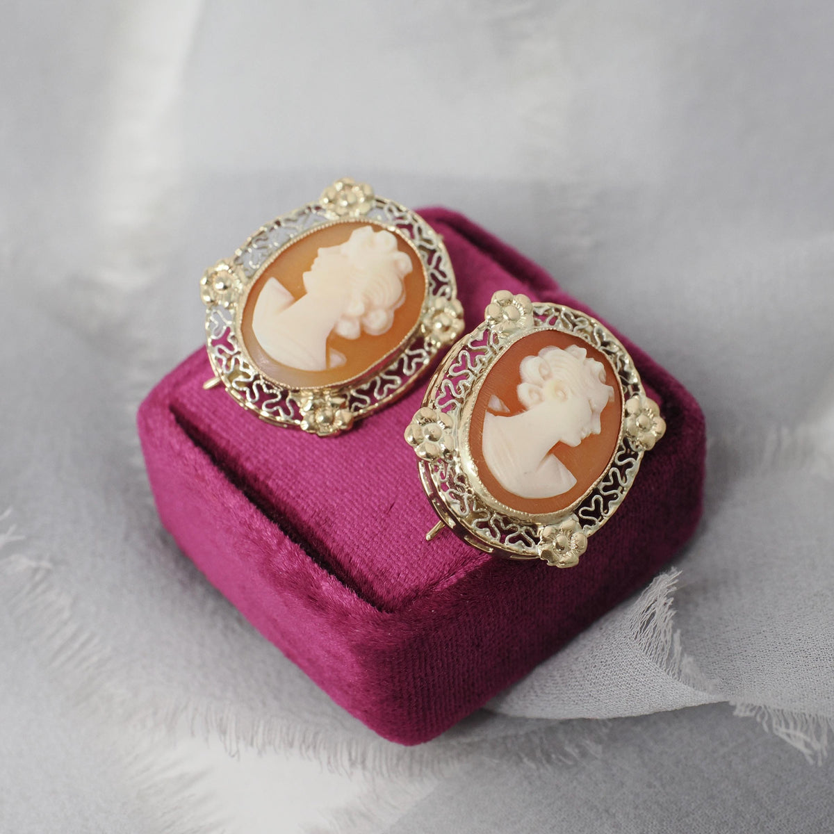 Vintage Cameo Earrings - Mid Century 14k Yellow Gold & Silver Bezel Set Pierced Wire Hooks - Circa 1960s Carved Shell Fine Filigree Jewelry