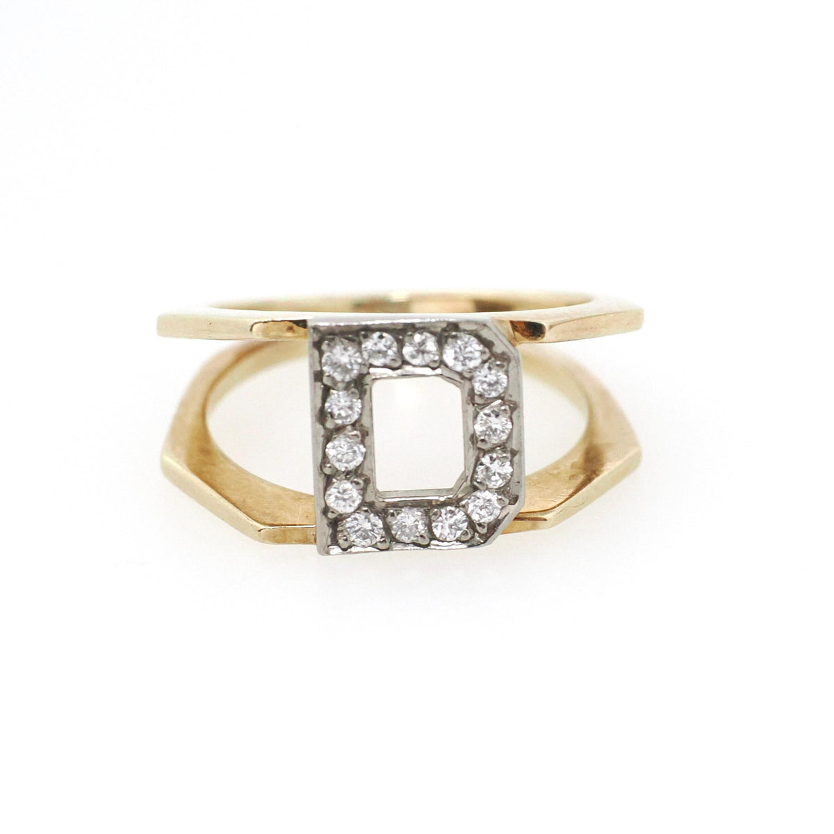 Letter "D" Ring - Contemporary 14k Yellow & White Gold Initial Monogram .14 CTW Diamonds - Circa 1990s Era Size 3 3/4 Statement Fine Jewelry