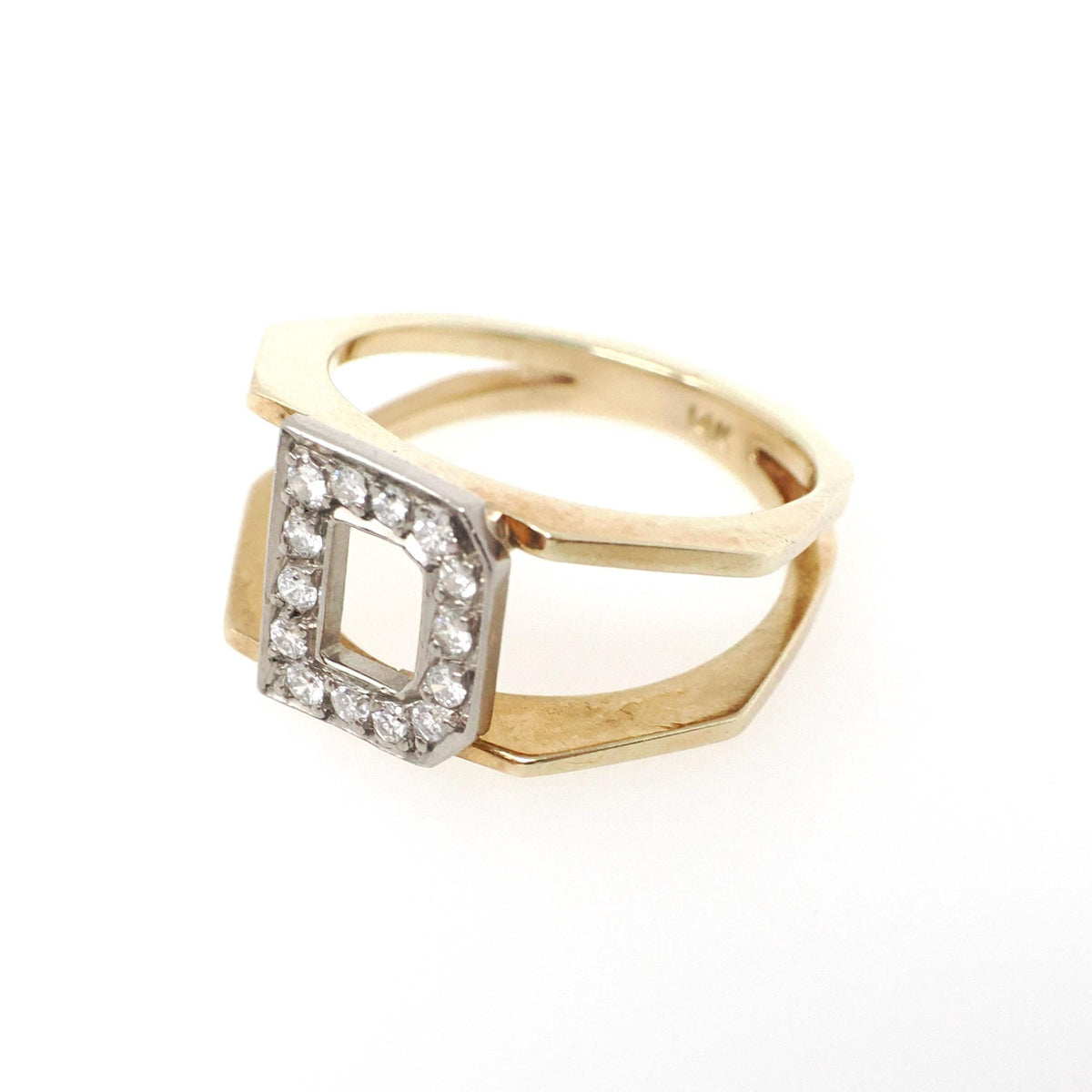 Letter "D" Ring - Contemporary 14k Yellow & White Gold Initial Monogram .14 CTW Diamonds - Circa 1990s Era Size 3 3/4 Statement Fine Jewelry