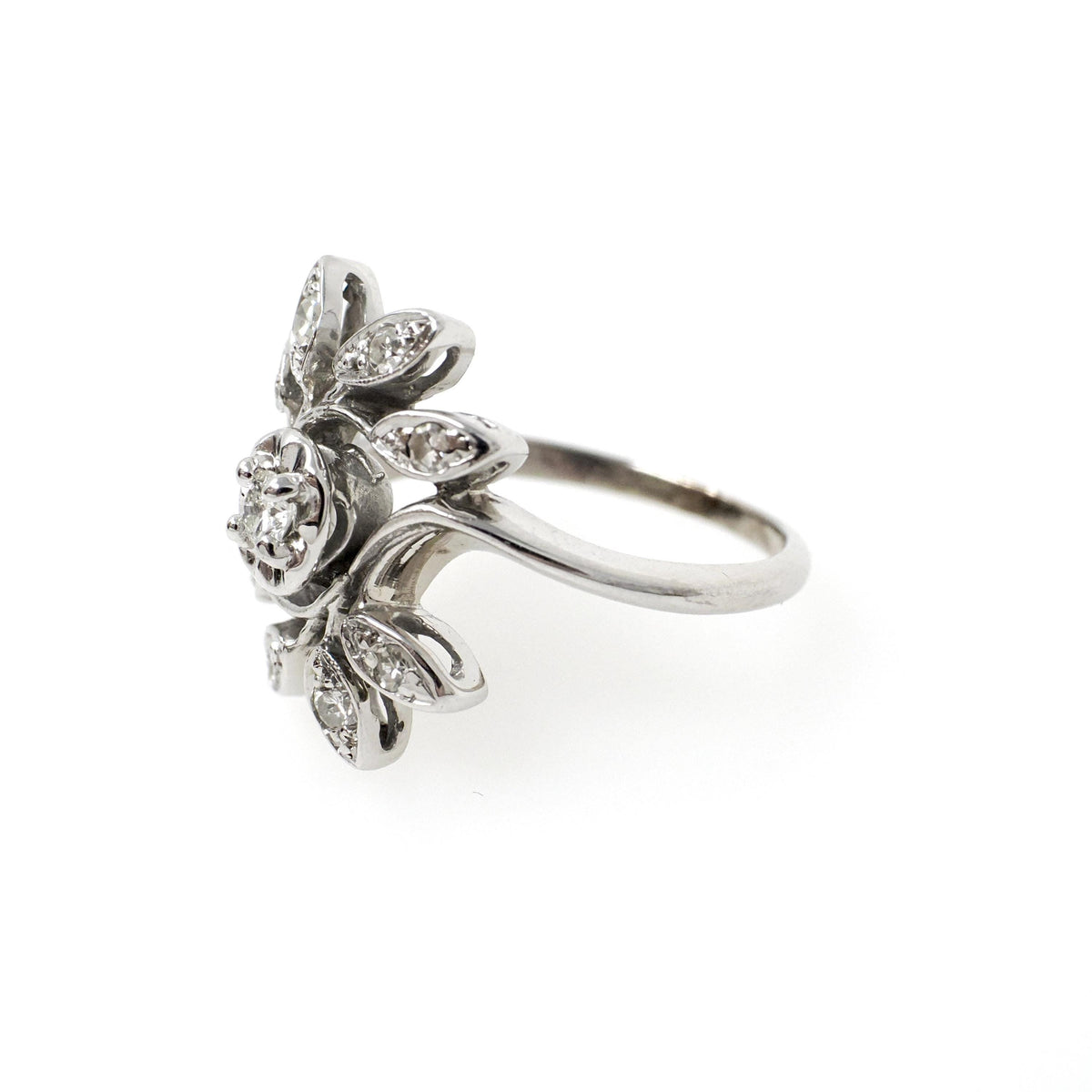 Diamond Bypass Ring - Mid Century Era 14k White Gold .22 CTW Floral Spray - Vintage 1950s Size 4 1/2 Leaf Cluster Fine Sweetheart Jewelry