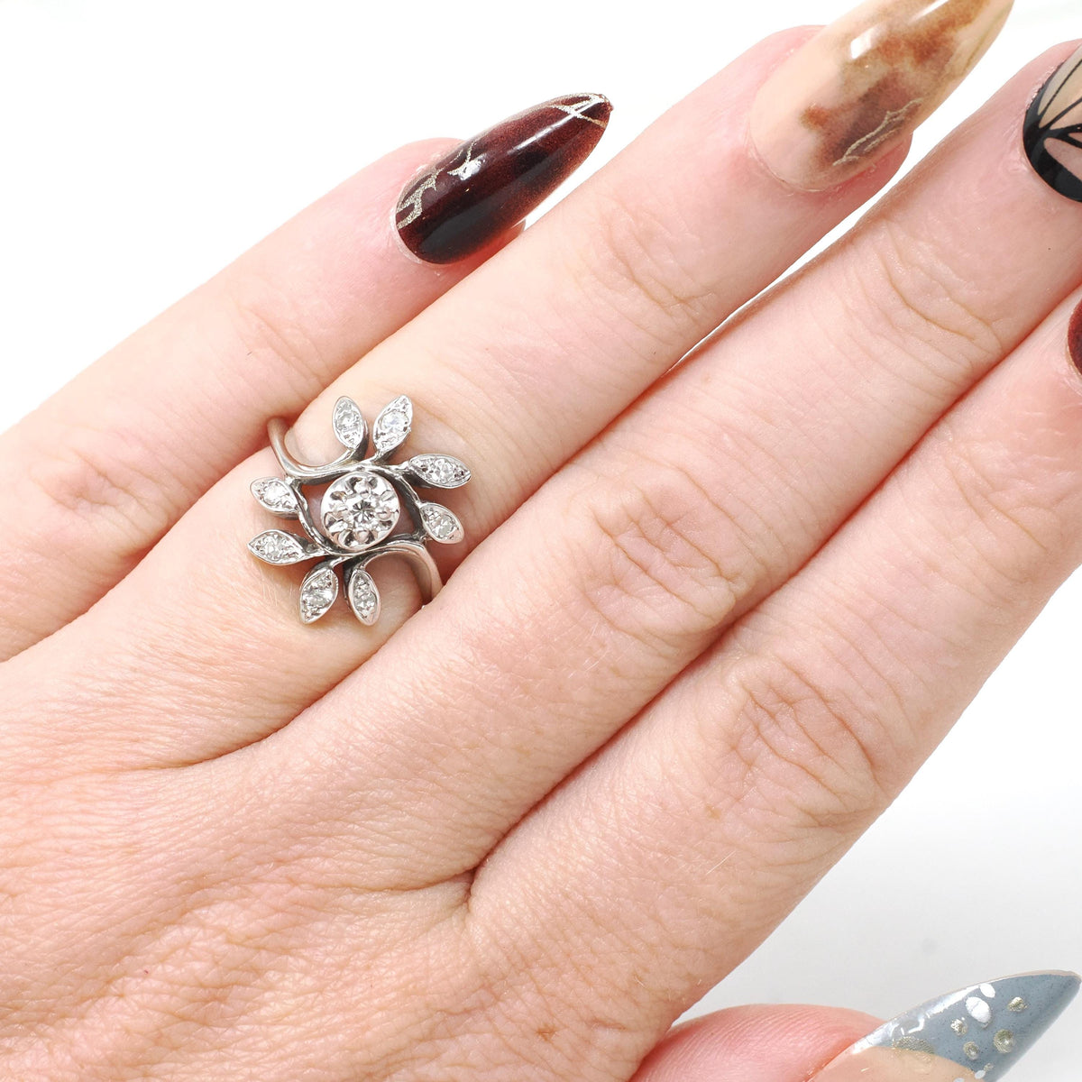 Diamond Bypass Ring - Mid Century Era 14k White Gold .22 CTW Floral Spray - Vintage 1950s Size 4 1/2 Leaf Cluster Fine Sweetheart Jewelry