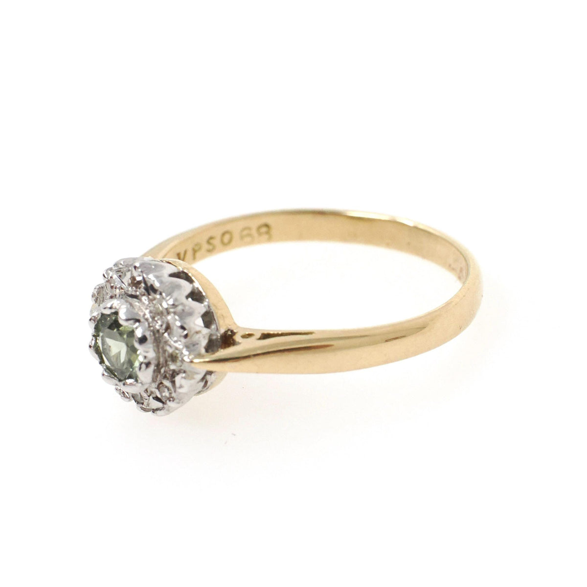 Antique Flower Ring - Edwardian 18k Yellow & White Gold Green Sapphire Gemstone .04 CTW Diamonds - Circa 1910s Size 5 3/4 Halo Fine Jewelry