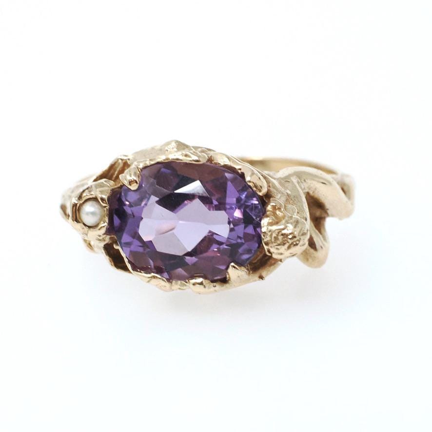 Art Nouveau Style Ring - Contemporary 14k Yellow Gold Natural Purple Amethyst Gemstone - Size 7.25 Romance Floral Female Figure Fine Jewelry