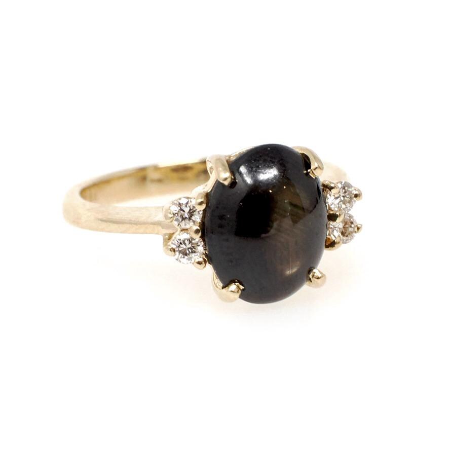 Black Star Sapphire Ring - Contemporary 14k Yellow Gold Natural 3.18 CT Gemstone - Modern Estate Circa 1990s Size 5 1/4 Diamond Fine Jewelry