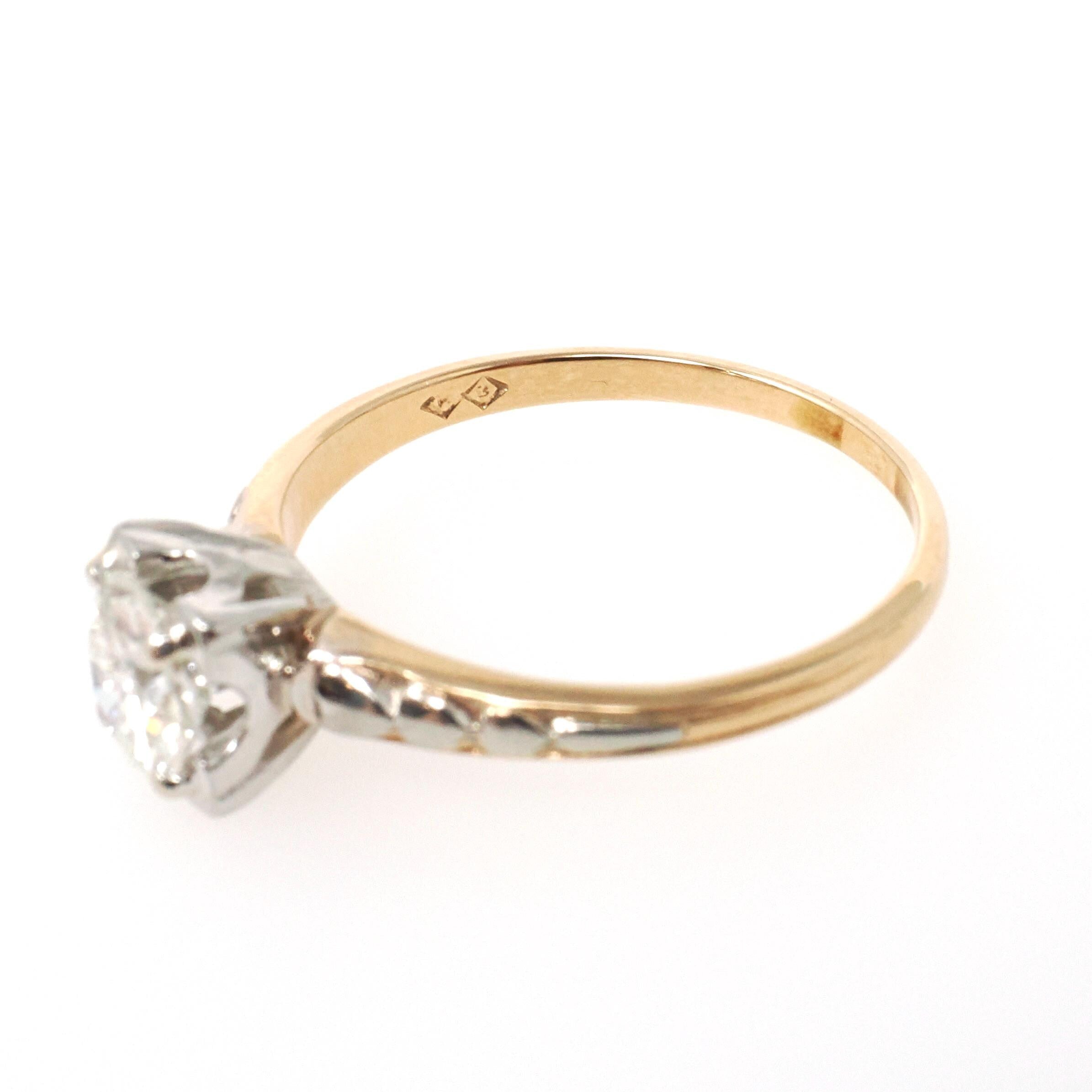 Vintage Diamond Ring - Mid Century 14k Yellow & White Gold .83 CT Natural Round Solitaire - Circa 1950s Size 8 1/2 Fine Engagement Jewelry