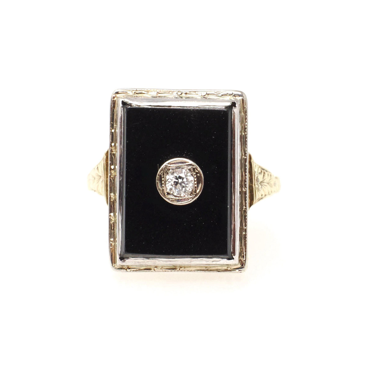Vintage Onyx Ring - Art Deco 14k Yellow Gold Natural Black Chalcedony Gem - Circa 1930s Era Size 6 1/4 Diamond .05 CT Filigree Fine Jewelry