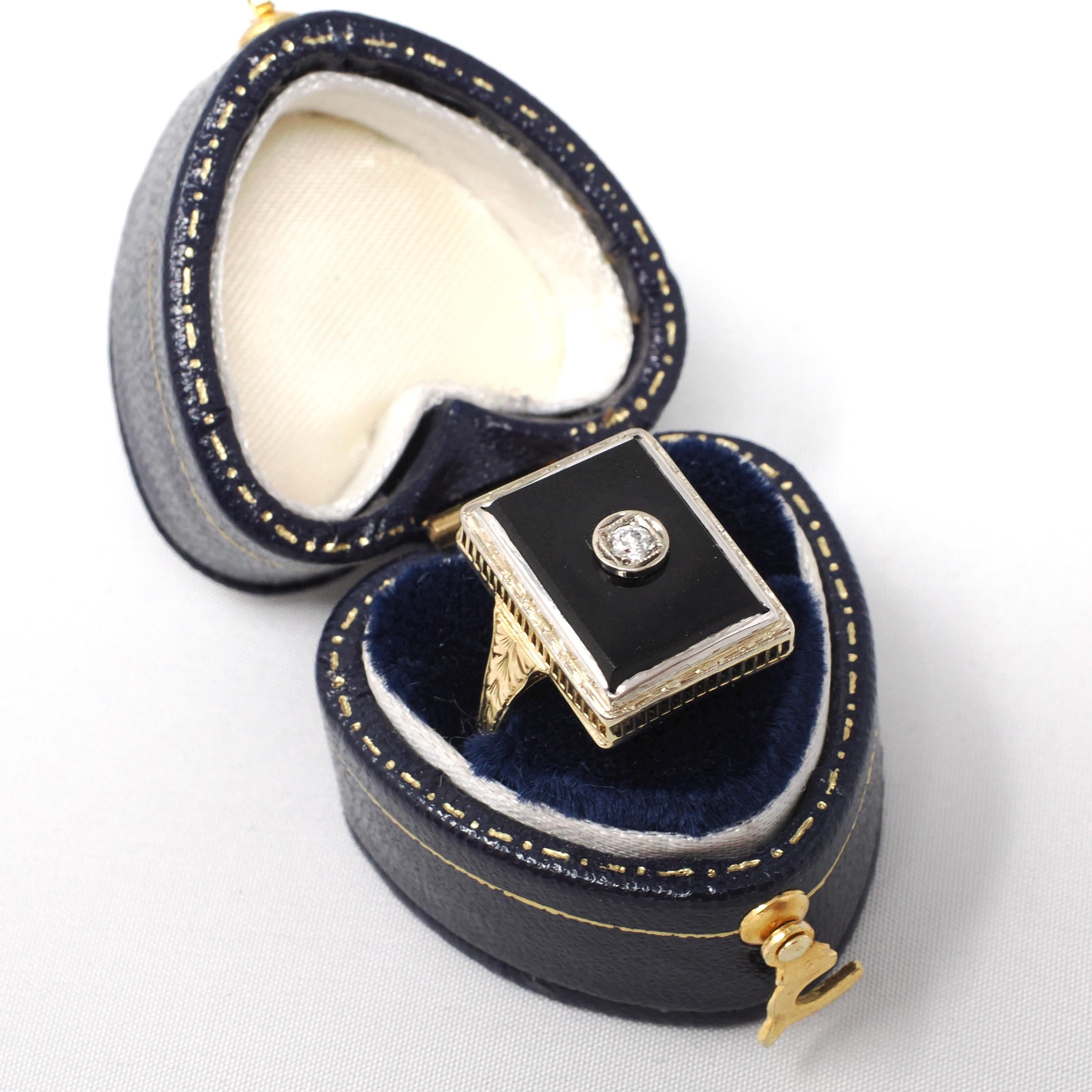 Vintage Onyx Ring - Art Deco 14k Yellow Gold Natural Black Chalcedony Gem - Circa 1930s Era Size 6 1/4 Diamond .05 CT Filigree Fine Jewelry