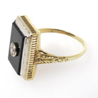 Vintage Onyx Ring - Art Deco 14k Yellow Gold Natural Black Chalcedony Gem - Circa 1930s Era Size 6 1/4 Diamond .05 CT Filigree Fine Jewelry