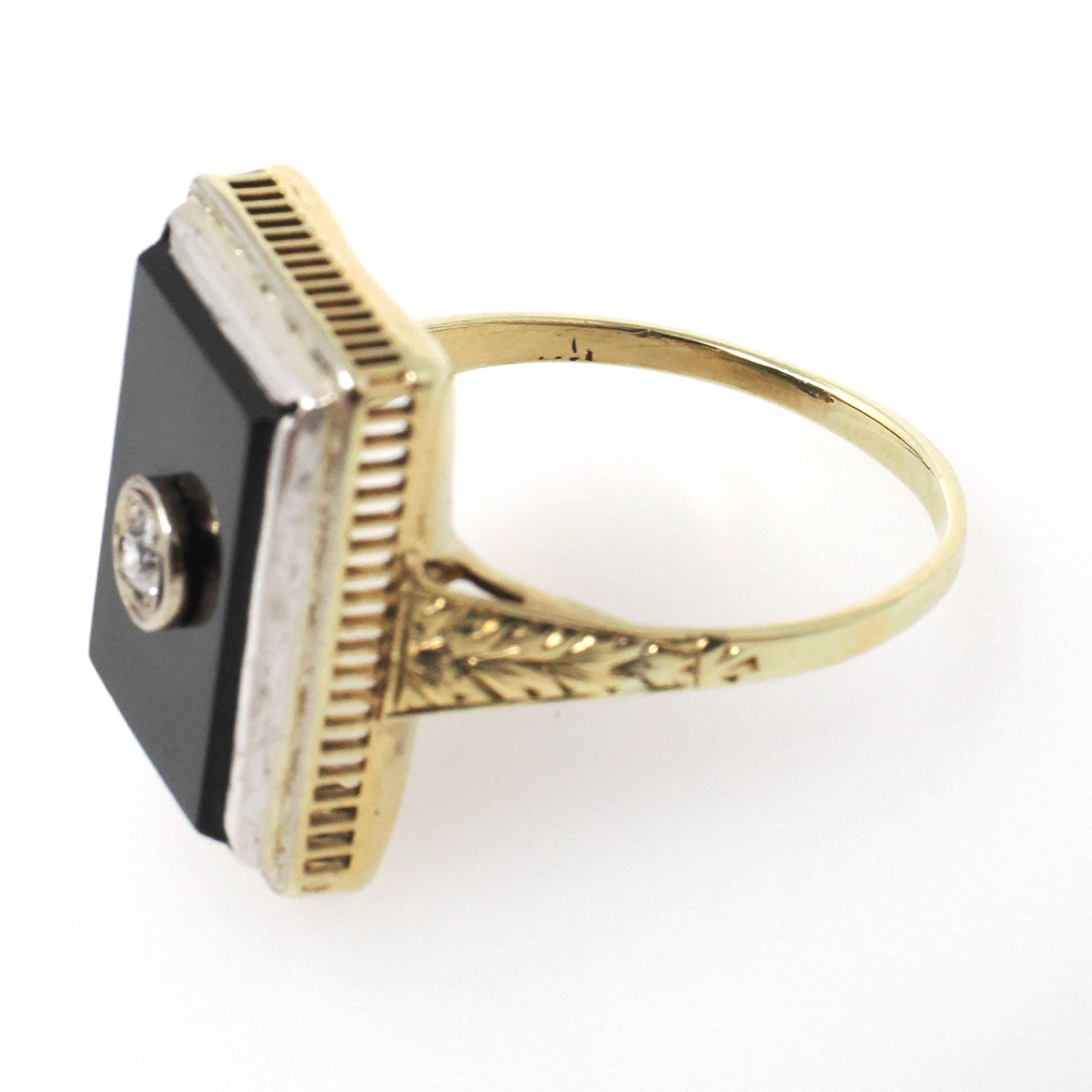 Vintage Onyx Ring - Art Deco 14k Yellow Gold Natural Black Chalcedony Gem - Circa 1930s Era Size 6 1/4 Diamond .05 CT Filigree Fine Jewelry