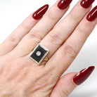 Vintage Onyx Ring - Art Deco 14k Yellow Gold Natural Black Chalcedony Gem - Circa 1930s Era Size 6 1/4 Diamond .05 CT Filigree Fine Jewelry