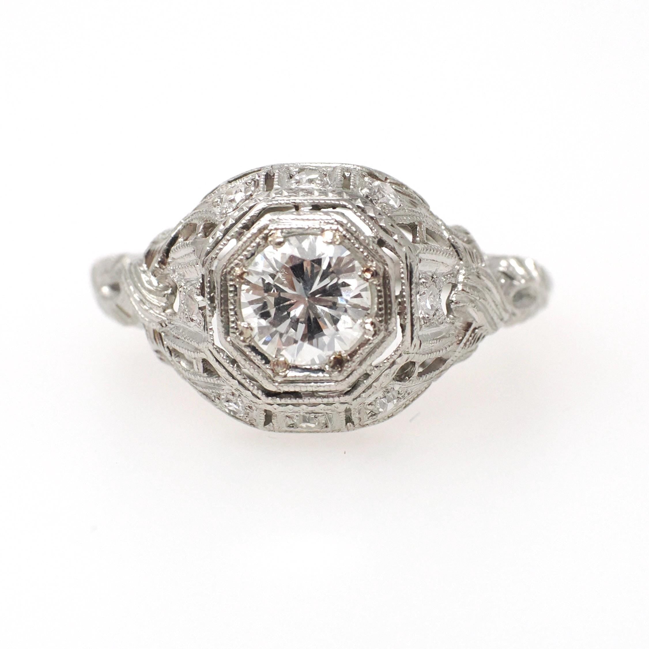 Antique Diamond Ring - Art Deco Platinum .61 CTW Octagonal Natural Gemstone Filigree Engagement - Circa 1920s Era Size 5 1/2 Fine Jewelry