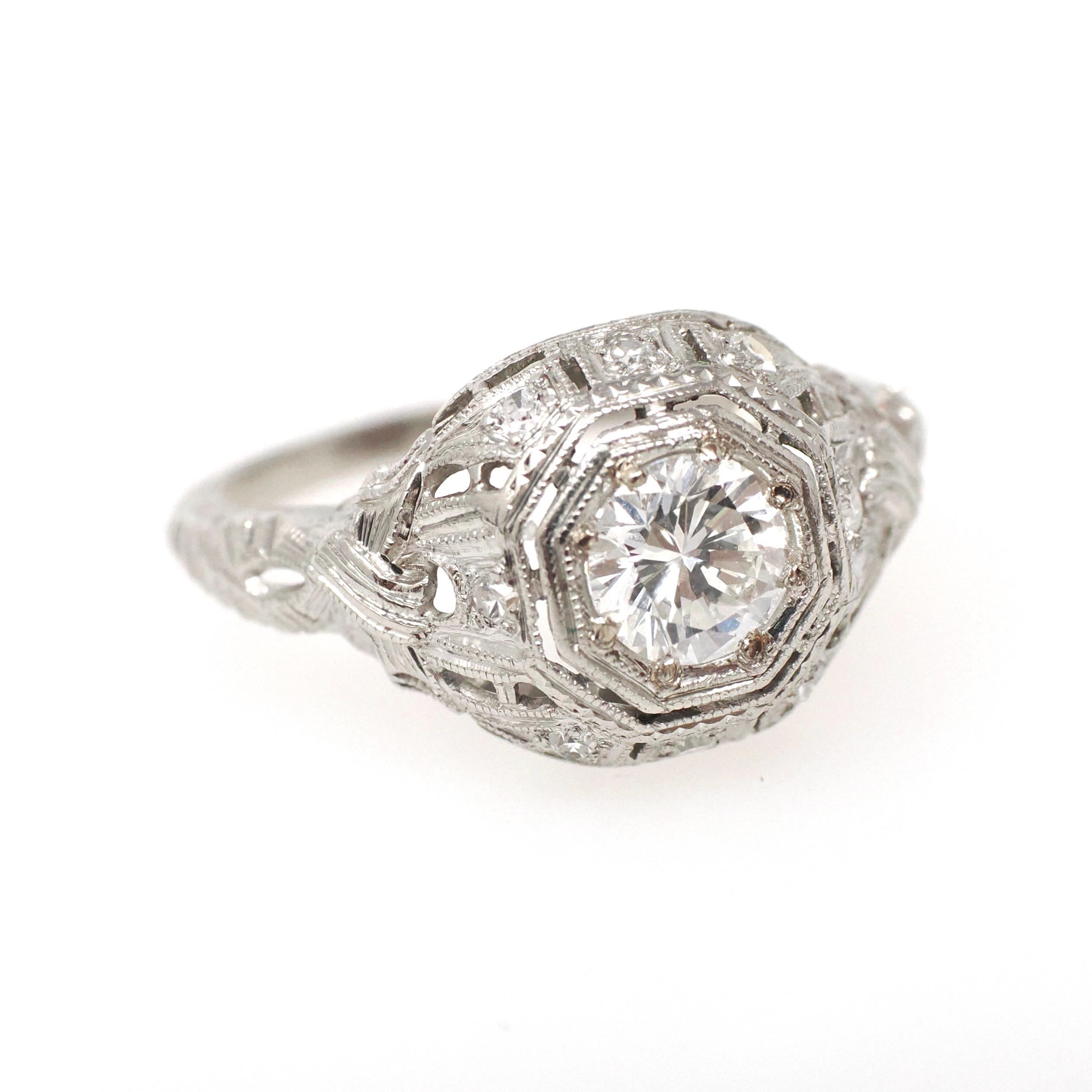 Antique Diamond Ring - Art Deco Platinum .61 CTW Octagonal Natural Gemstone Filigree Engagement - Circa 1920s Era Size 5 1/2 Fine Jewelry