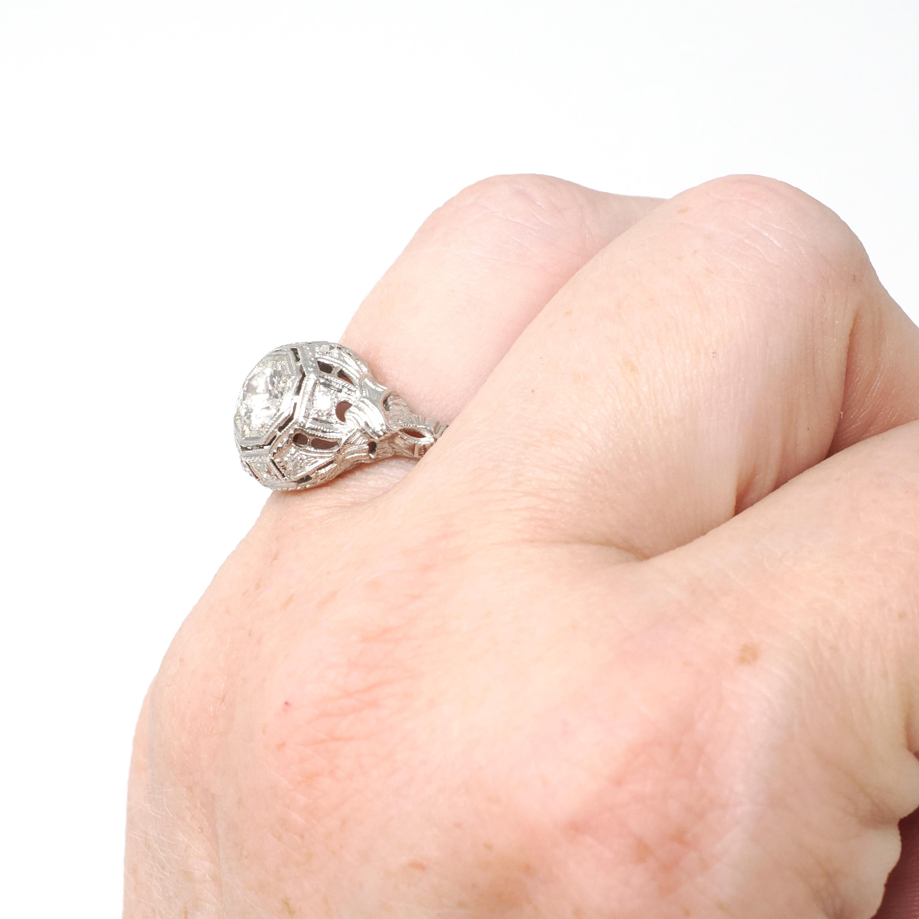Antique Diamond Ring - Art Deco Platinum .61 CTW Octagonal Natural Gemstone Filigree Engagement - Circa 1920s Era Size 5 1/2 Fine Jewelry
