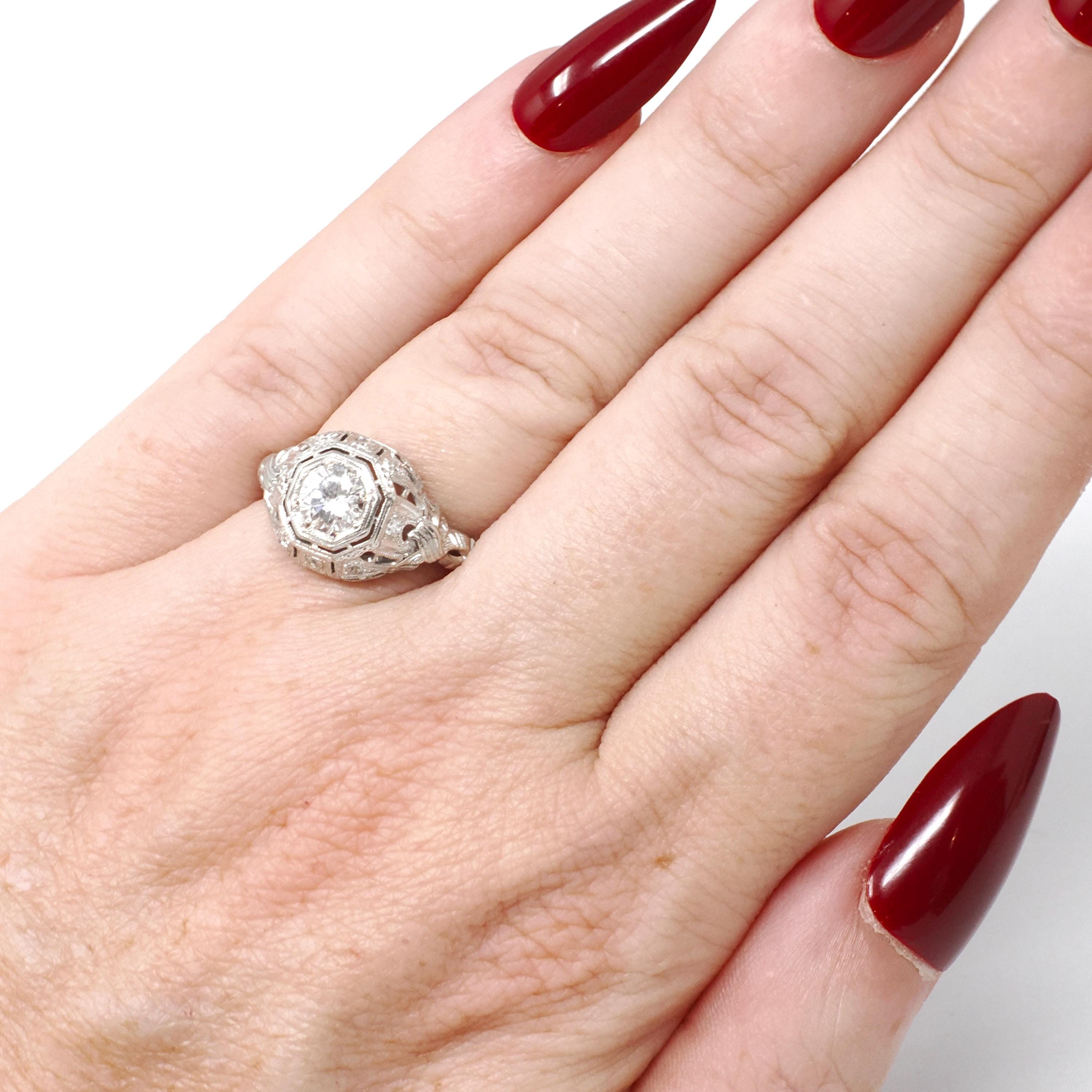 Antique Diamond Ring - Art Deco Platinum .61 CTW Octagonal Natural Gemstone Filigree Engagement - Circa 1920s Era Size 5 1/2 Fine Jewelry
