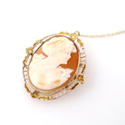 Vintage Cameo Necklace - Retro 10k Yellow Gold Carved Shell Woman Flower Brooch Pendant - Circa 1940s Era Fashion Accessory Fine Jewelry