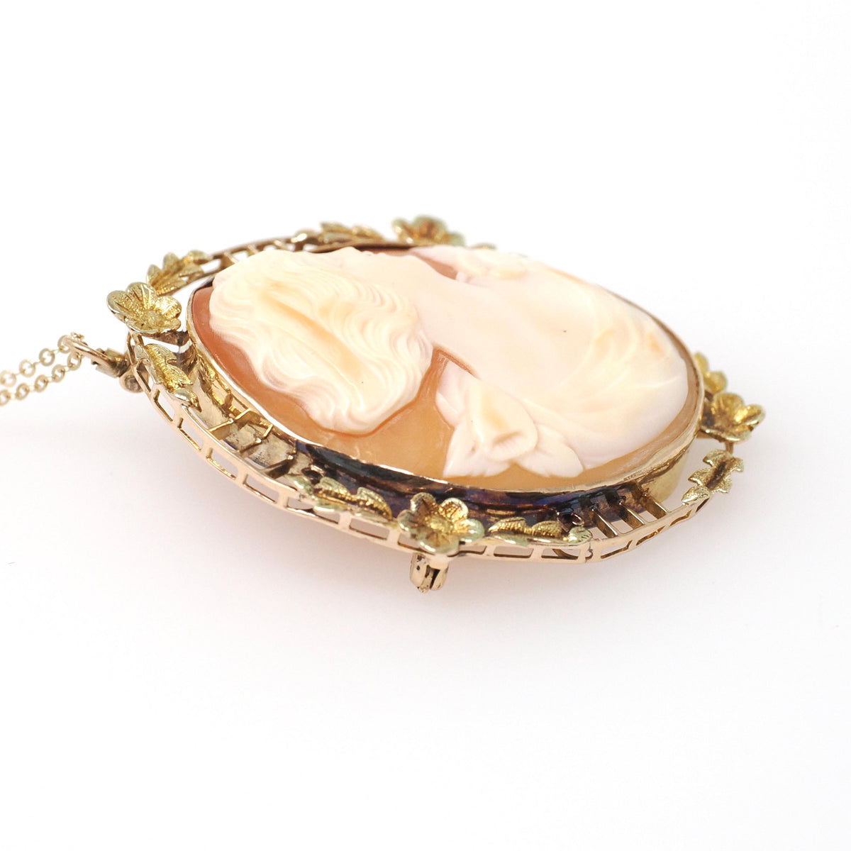Vintage Cameo Necklace - Retro 10k Yellow Gold Carved Shell Woman Flower Brooch Pendant - Circa 1940s Era Fashion Accessory Fine Jewelry