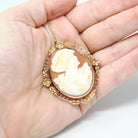 Vintage Cameo Necklace - Retro 10k Yellow Gold Carved Shell Woman Flower Brooch Pendant - Circa 1940s Era Fashion Accessory Fine Jewelry