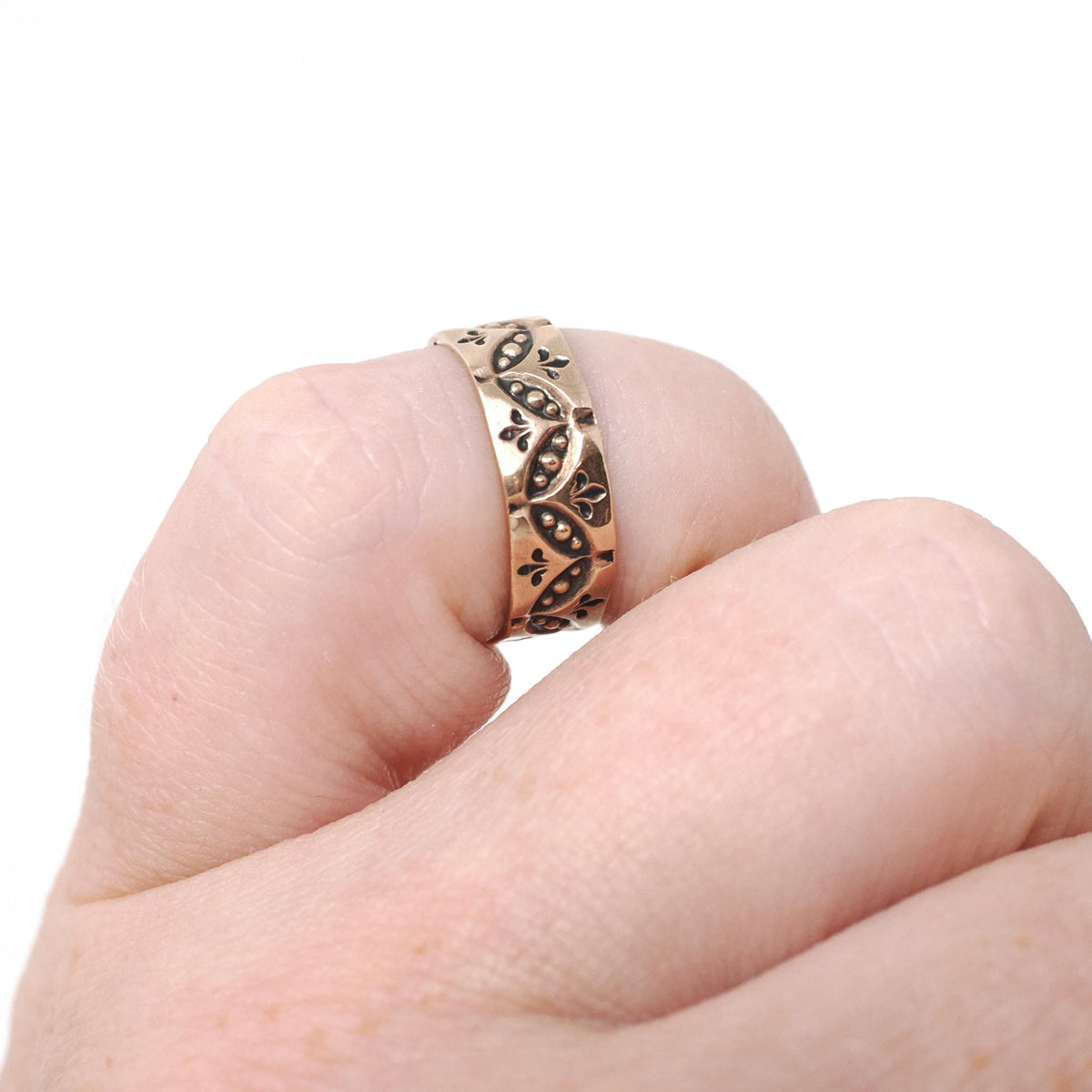 Antique Baby Band - Victorian 9k Rose Gold Engraved Pinky Midi Ring - Vintage Circa 1890s Era Size 1 1/4 Eternity Leaf Design Fine Jewelry