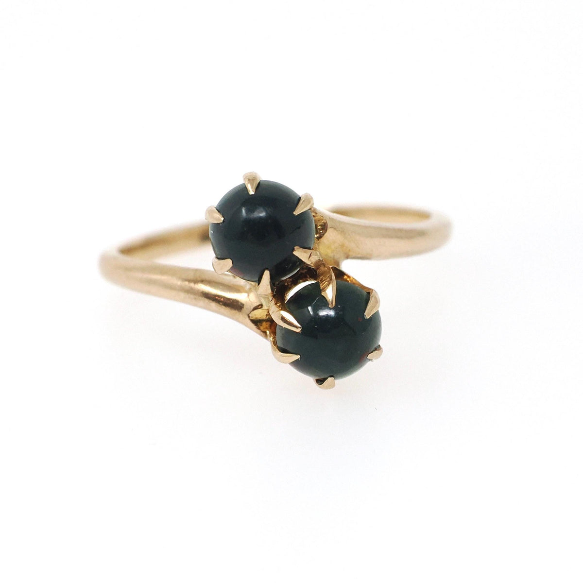 Antique Bloodstone Ring - Edwardian 10k Yellow Gold Round Dark Green Red Gems - Circa 1910s Era Size 6 1/4 Heliotrope Bypass Fine Jewelry