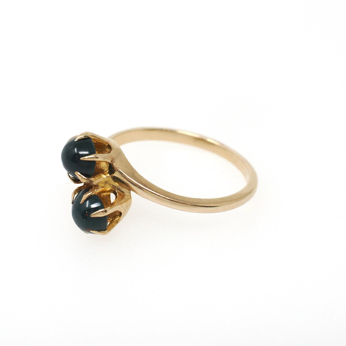 Antique Bloodstone Ring - Edwardian 10k Yellow Gold Round Dark Green Red Gems - Circa 1910s Era Size 6 1/4 Heliotrope Bypass Fine Jewelry