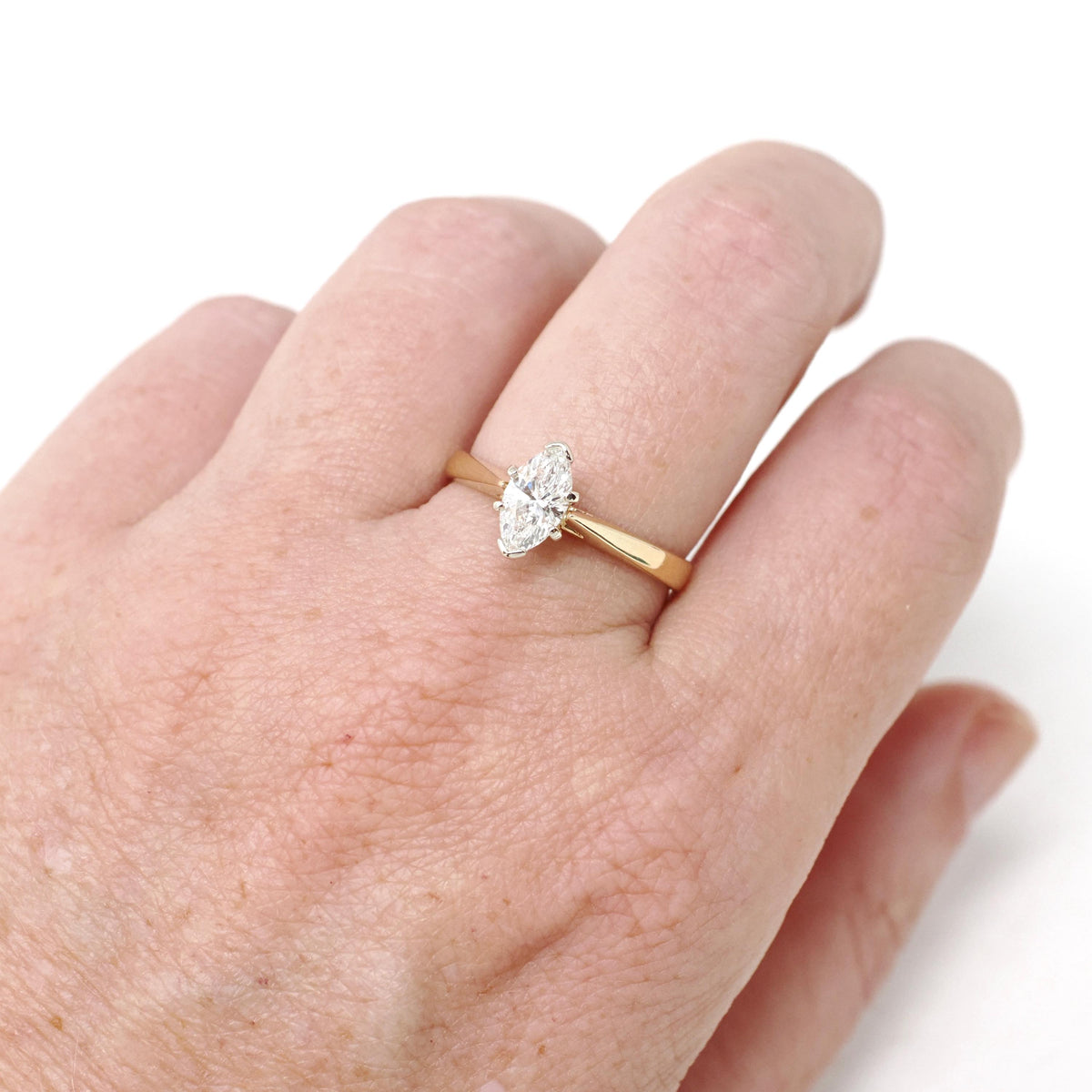 Marquise Diamond Ring - Contemporary 14k Yellow & White Gold .70 CT GIA Solitaire Engagement - Circa 1990s Size 7 1/4 Fine Two Tone Jewelry