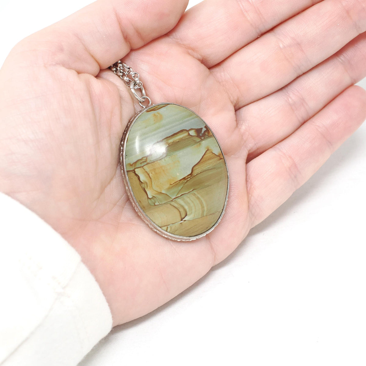 Picture Jasper Pendant Necklace - Retro Era Handmade Sterling Silver Natural Green Brown Gemstone Cab - Circa 1950s Unisex Fashion Jewelry