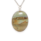 Picture Jasper Pendant Necklace - Retro Era Handmade Sterling Silver Natural Green Brown Gemstone Cab - Circa 1950s Unisex Fashion Jewelry