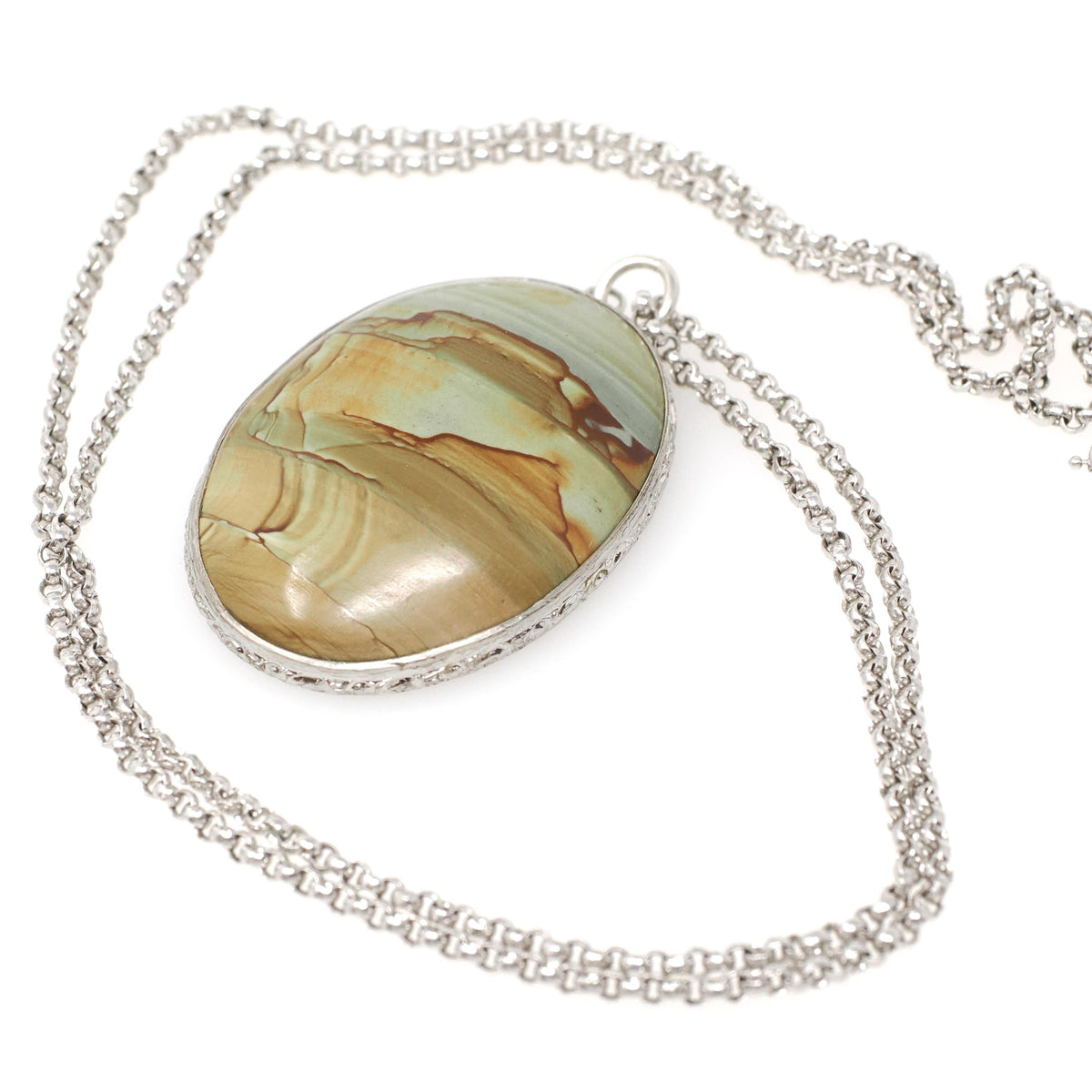 Picture Jasper Pendant Necklace - Retro Era Handmade Sterling Silver Natural Green Brown Gemstone Cab - Circa 1950s Unisex Fashion Jewelry