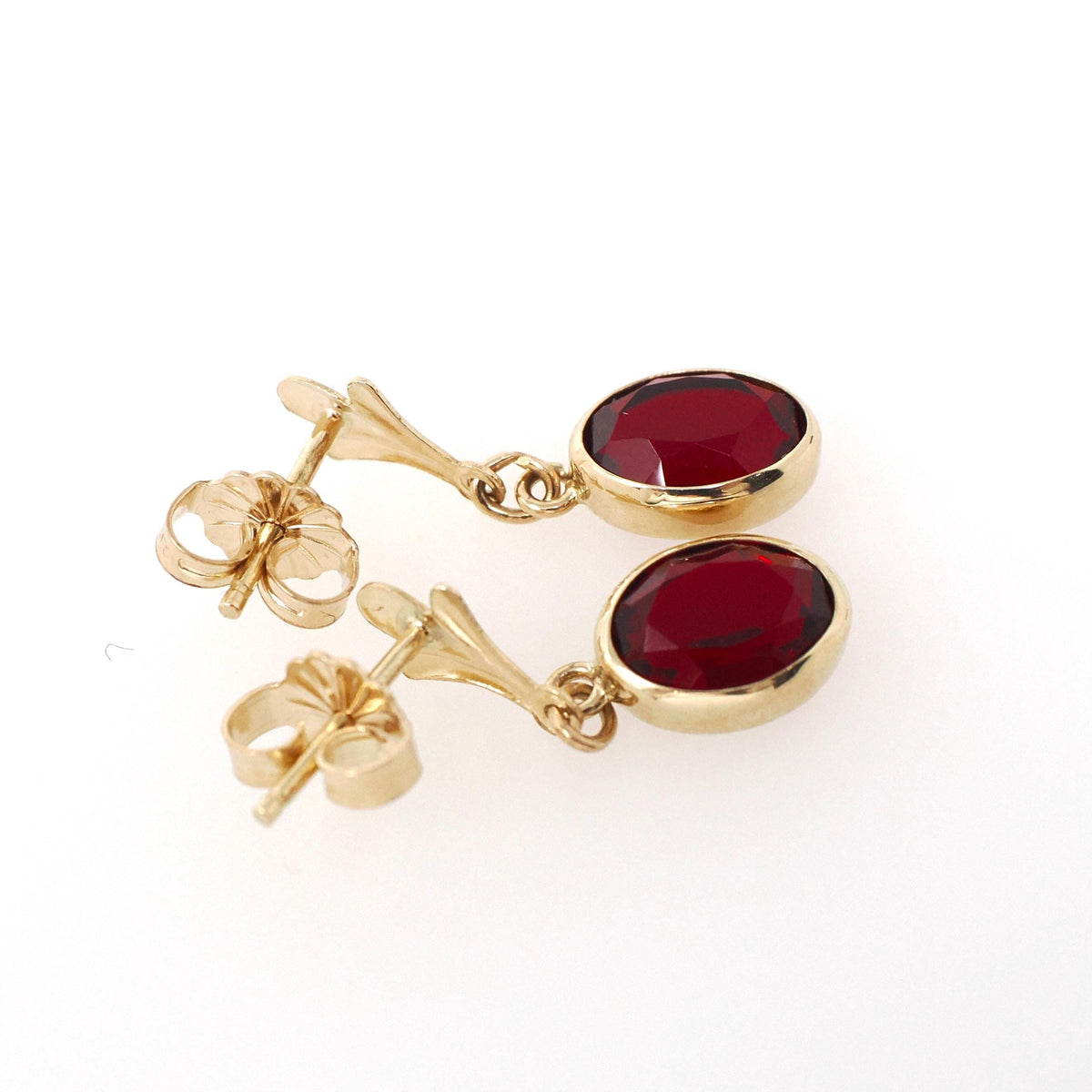 Simulated Ruby Earrings - Modernist 14k Yellow Gold Oval Red Glass Pierced Stud Dangle Drop - Circa Late 1960s July Birthstone Fine Jewelry