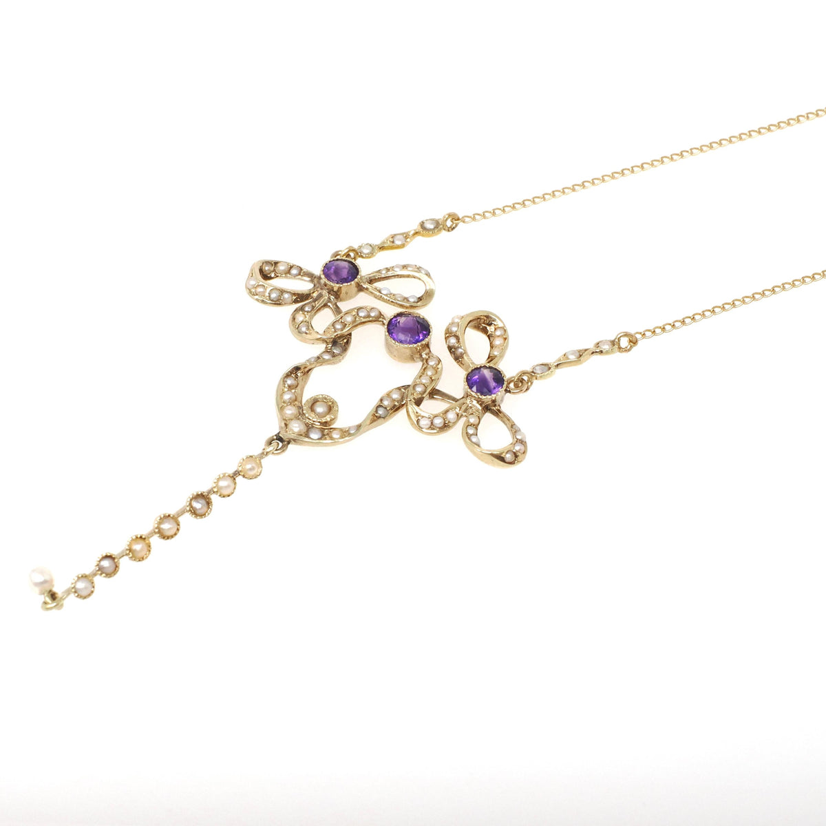 Antique Bow Lavalier - Edwardian 14k Yellow Gold Natural Purple Amethyst Seed Pearl Pendant Charm - Vintage Early 1900s Ribbon Fine Jewelry