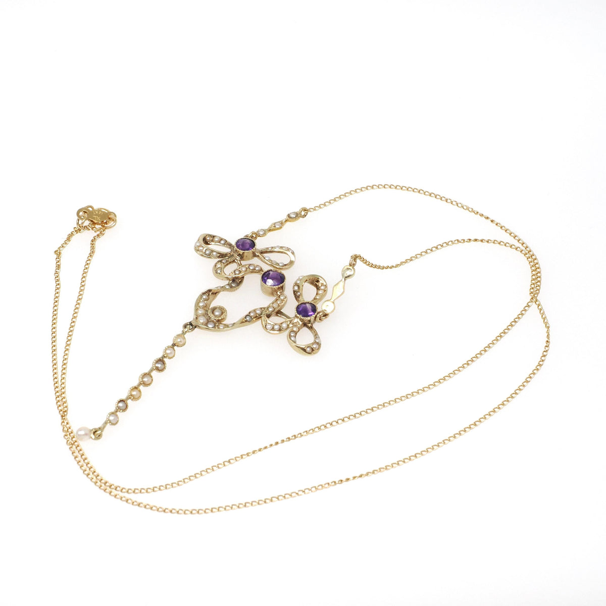 Antique Bow Lavalier - Edwardian 14k Yellow Gold Natural Purple Amethyst Seed Pearl Pendant Charm - Vintage Early 1900s Ribbon Fine Jewelry