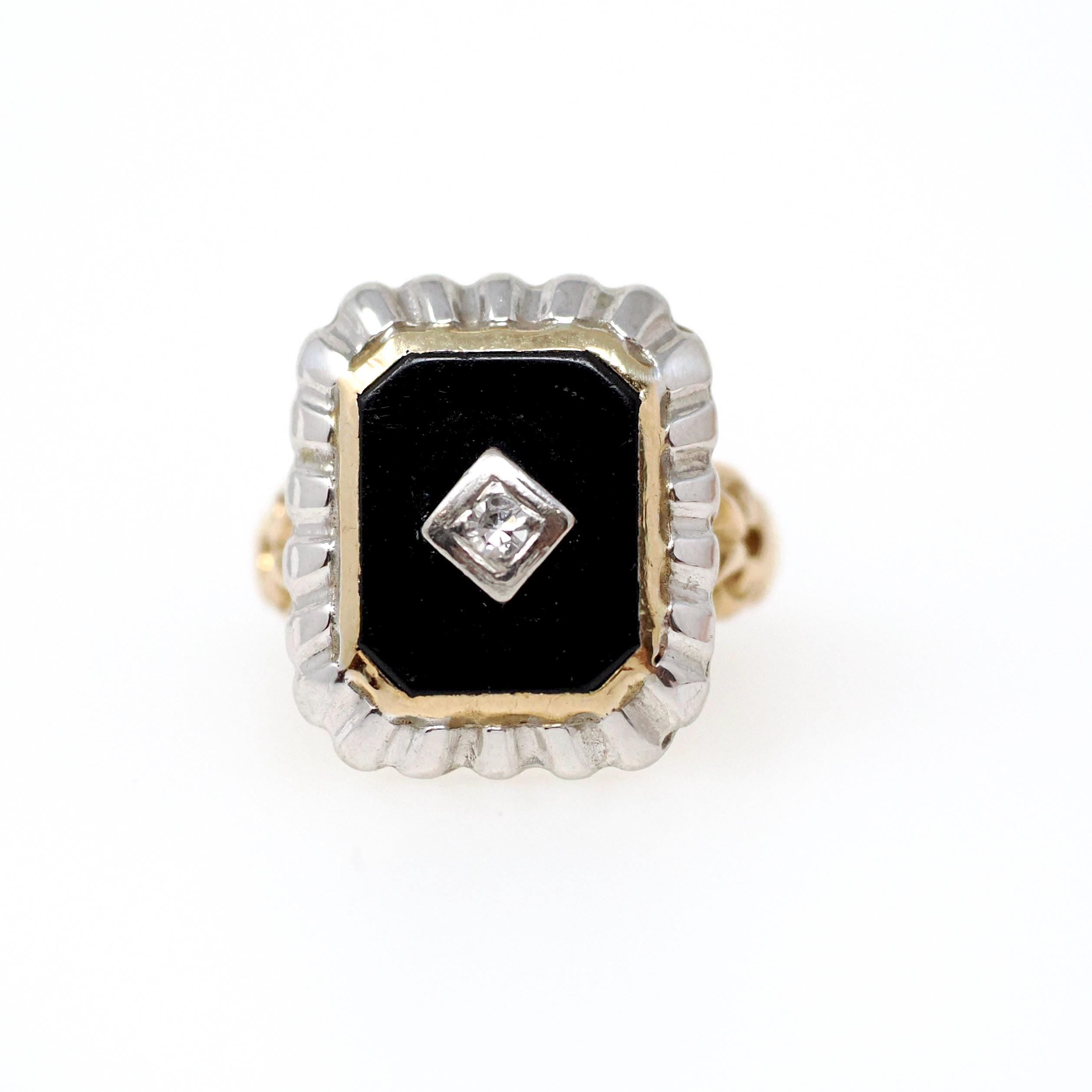 Vintage Onyx Ring - Mid Century 10k Yellow & White Gold Black