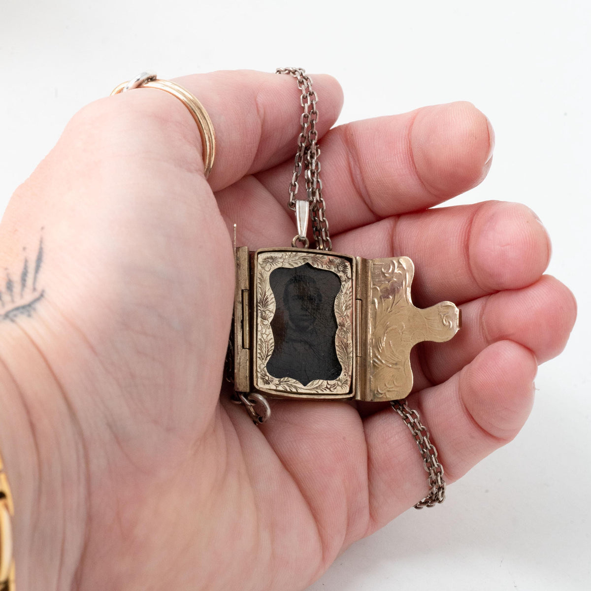 Antique Photo Locket - Victorian Book Satchel Gold Overlay Base Metal Pendant Necklace Charm - Circa 1890s Tintype Album Keepsake Jewelry