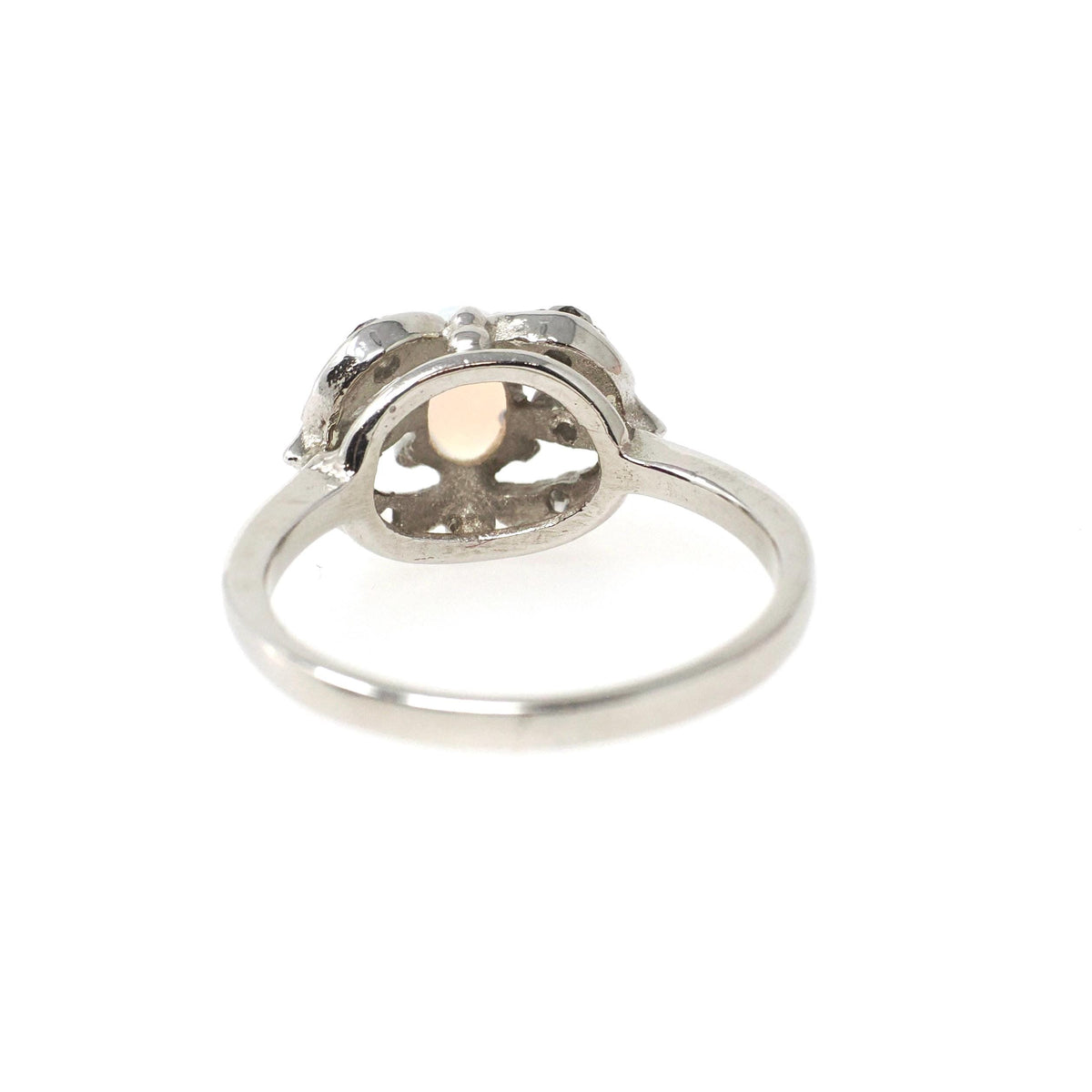 Opal & Diamond Ring - Mid Century 14k White Gold Oval Cabochon Cut Gemstone Halo - Circa 1960s Era Size 5 1/2 October Birthstone Jewelry