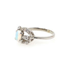Opal & Diamond Ring - Mid Century 14k White Gold Oval Cabochon Cut Gemstone Halo - Circa 1960s Era Size 5 1/2 October Birthstone Jewelry