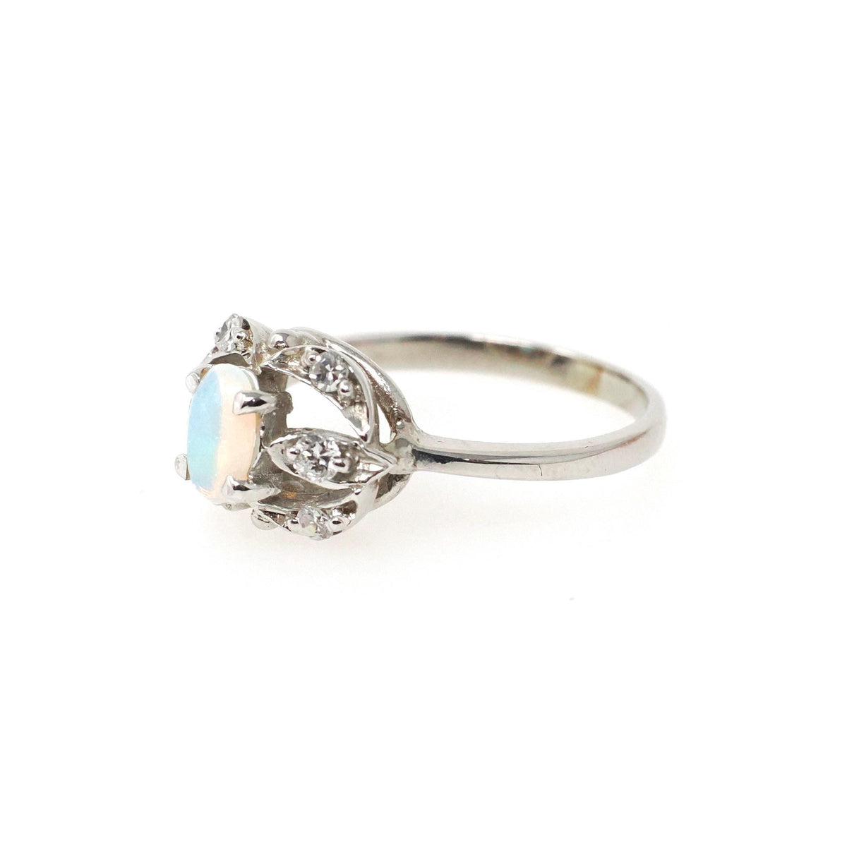 Opal & Diamond Ring - Mid Century 14k White Gold Oval Cabochon Cut Gemstone Halo - Circa 1960s Era Size 5 1/2 October Birthstone Jewelry